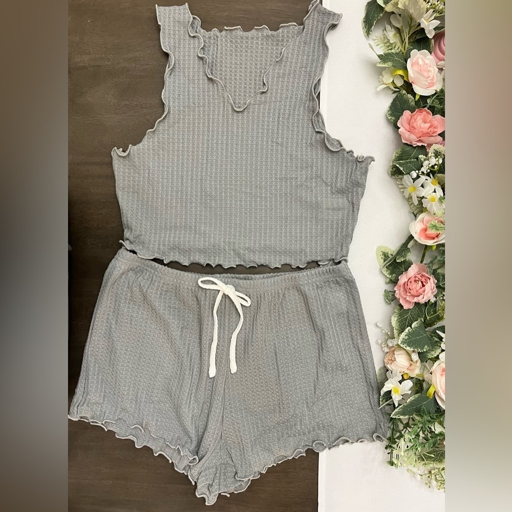 Lettuce Trim Waffle Knit Tank Top and Shorts Pajama Set Sz XL - 12